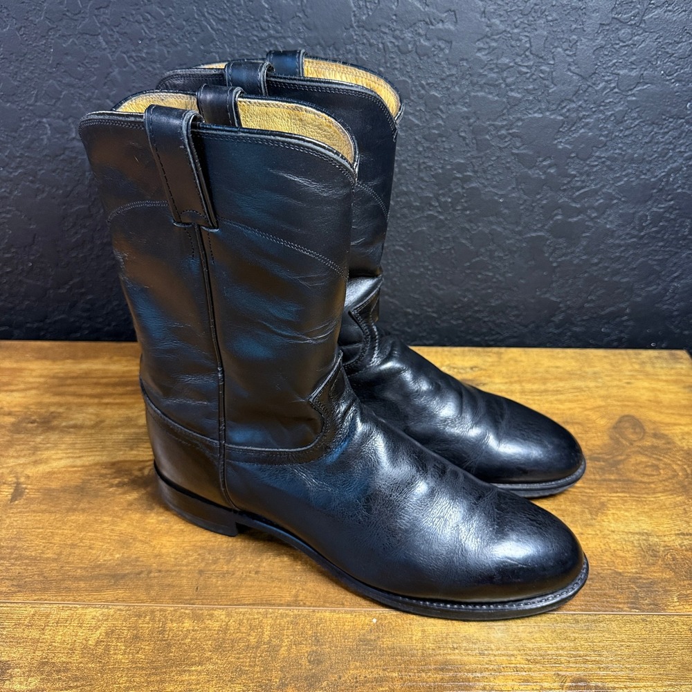 Justin 3133 Black Leather Western Roper Boots Mens 11 D